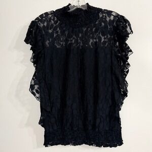 Adiva Smocked Mock Neck Lace Ruffle Whimsigoth Top Womens Black Size M Feminine